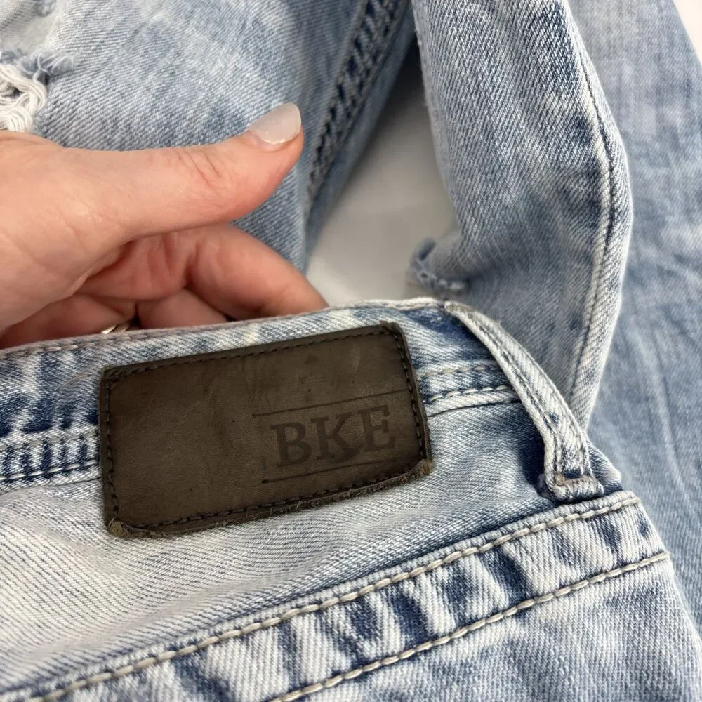 BKE Mens Jeans 32R Blue Denim Jake Straight Leg Whiskering Thick Stitch Street
